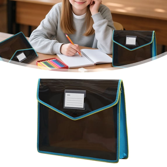 1Pcs Black Blue Trim Transparent File Organizer, 33x25x7cm/12.99x9.84x2.75in Thickened Snap Closure Paper Pouch Home Desktop Sorting Supplies