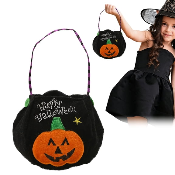 1Pcs Black Plush Halloween Treat Basket With A 12cm/4.72in Handle, Jack O Lantern Pumpkin Candy Holder, Fall Harvest Party Storage Pouch for Entryway Display, Reusable, 15*13cm/5.91*5.12in