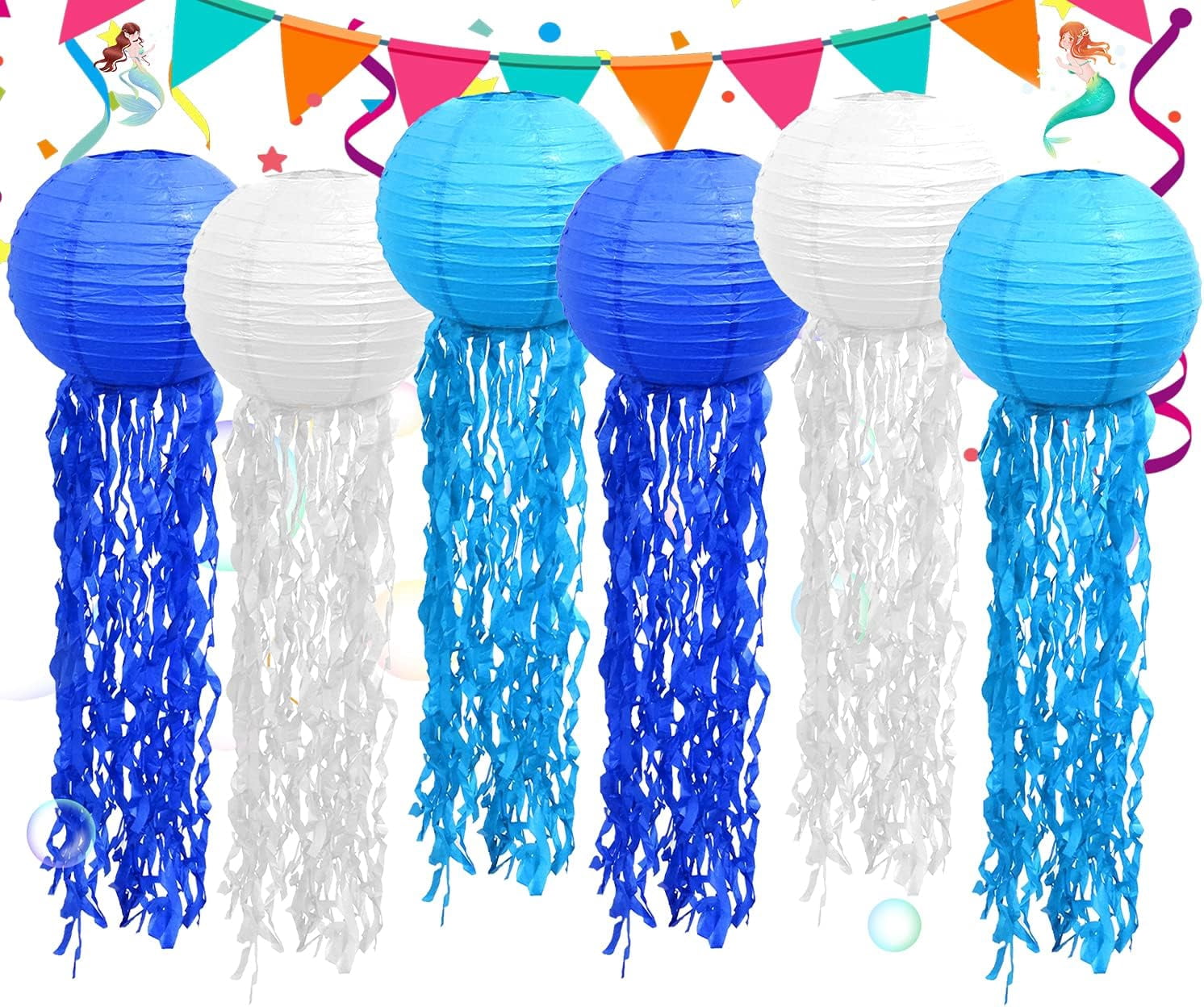 Hanging Jellyfish Paper Lanterns – Gradient Blue Mermaid Party Decor, Set Of 5 For Under The Sea Theme