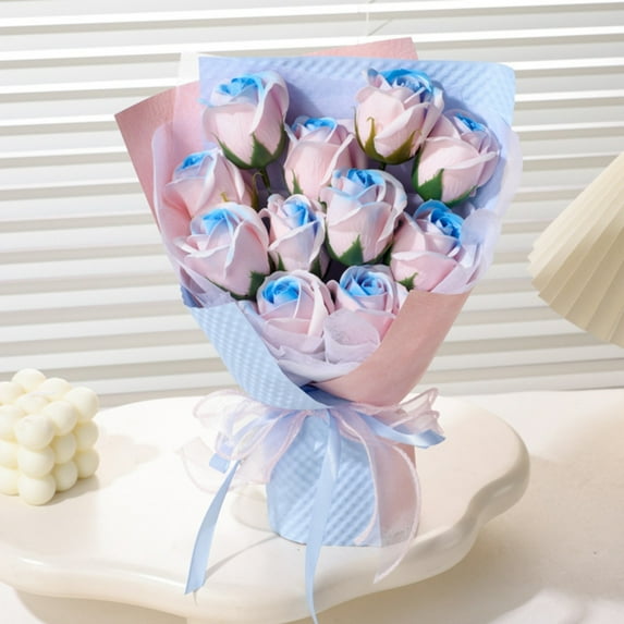 1Pcs Blue & Pink Gradient Soap Rose Bouquet - 11.02in Fake Flowers For Vase, Artificial Flowers For Home Decor, Gift Bouquet & Decorative Toiletries (B)