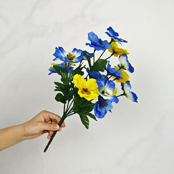 1Pcs Blue & Yellow Realistic Artificial Pansy Bouquet - 13.8in Fake Flowers For Vase, Artificial Flowers For Home Decor, Wedding Decoration & Photography Prop (A)