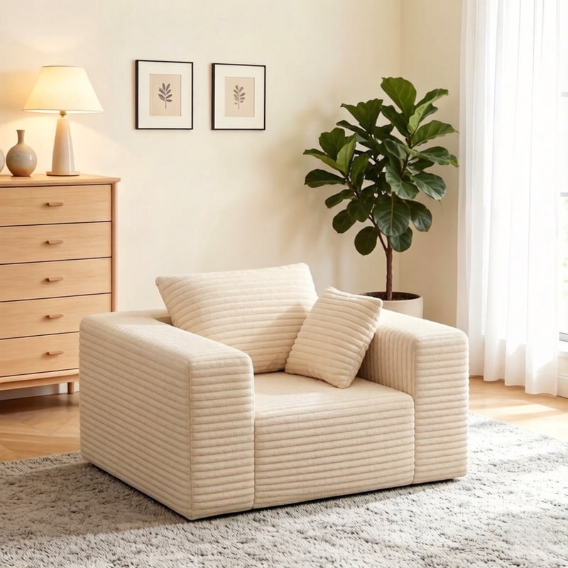1Pcs Boneless Upholstered Sofa Chair, No Assembly Single Couch, Memory Foam Reading Armchair with Throw Pillow