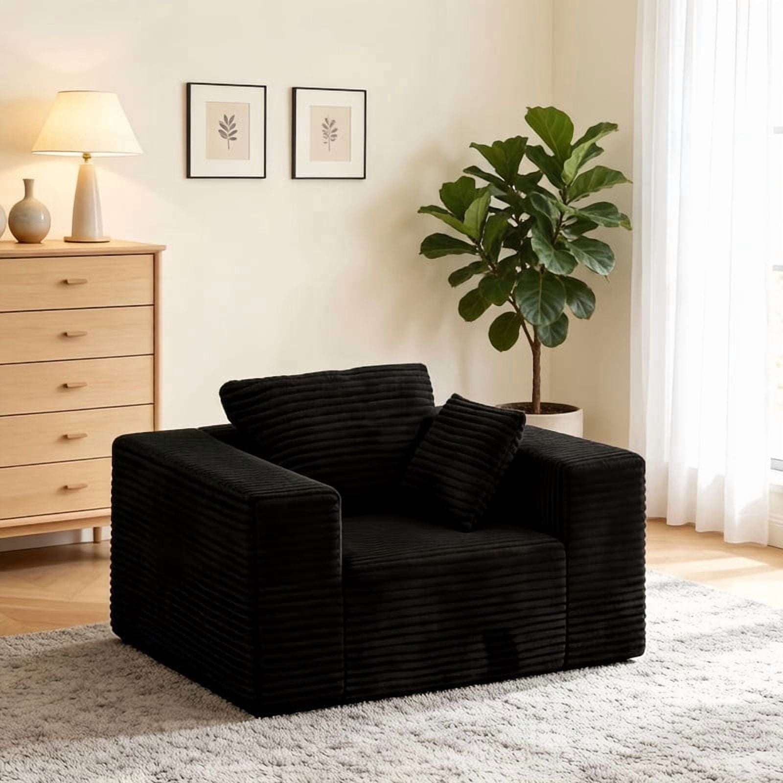1Pcs Boneless Upholstered Sofa Chair, No Assembly Single Couch, Memory Foam Reading Armchair with Throw Pillow