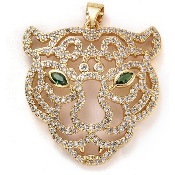 1Pcs Brass Micro Pave Clear & Green Cubic Zirconia Pendants Long-Lasting Plated Tiger Head Real 18K Gold Plated for Women DIY Necklace Bracelet Earring Jewelry Craft Making 28.5x27x4.5mm