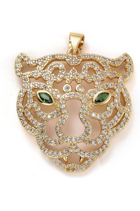 1Pcs Brass Micro Pave Clear & Green Cubic Zirconia Pendants Long-Lasting Plated Tiger Head Real 18K Gold Plated for Women DIY Necklace Bracelet Earring Jewelry Craft Making 28.5x27x4.5mm
