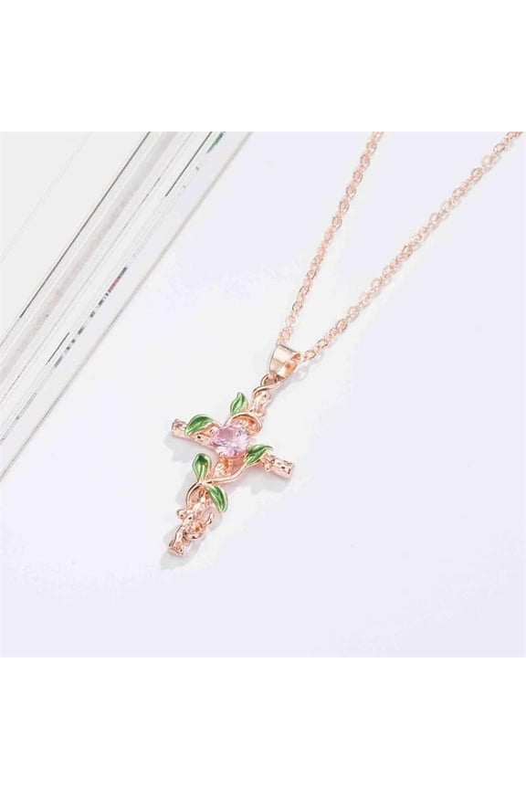 1Pcs Brass Violet Rhinestone Flower with Cross Pendant Necklaces Rose Gold Chain Necklace Flower Pendants Decoration