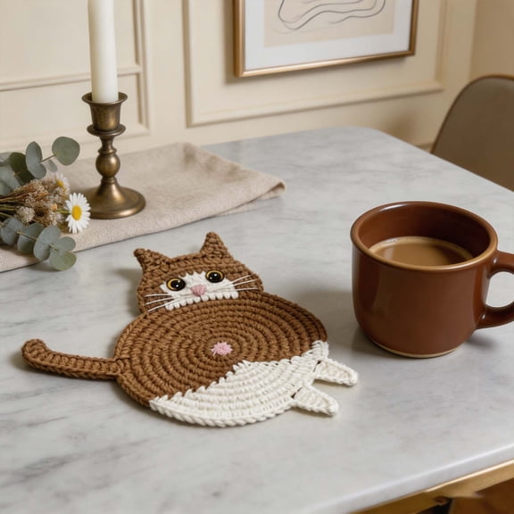1Pcs Cat Coasters, 4'' Cute Handwoven Absorbent Crochet Funny Cat Butt Coasters for Drinks, 3D Eyes Cat Butt Design, Creative Coffee Table Decor Desk Accessories Tabletop Protection,