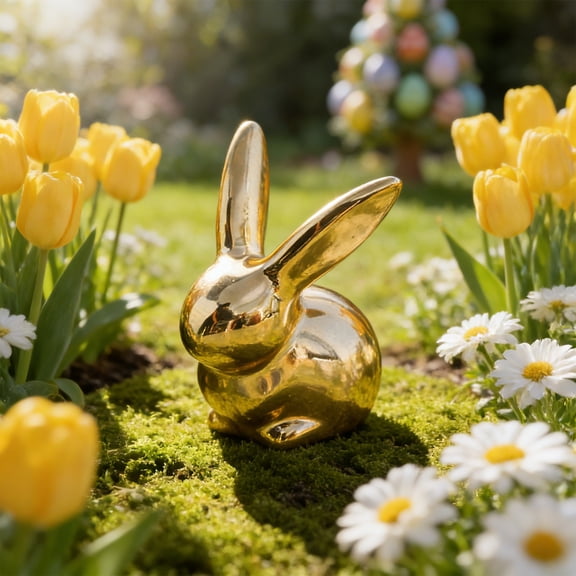 1Pcs Ceramic Bunny Figurines Easter Gold Rabbit Animal Figurines Ornaments Easter Home Decor Sculptures Statues Handmade Artware Gifts