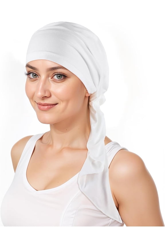 1Pcs Chemo Headwear for Women, Pre Tied Chemo Head Scarf for Women, Hair Loss - Cancer Slip On Headwear, Turbans for Women, Soft Cotton Elastic Head Scarf for Cancer Patients(White)