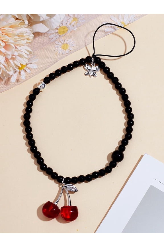 1Pcs Cherry & Butterfly Phone Charm Black Mobile Straps Acrylic Beads Mobile Chain Phone Case Accessories for Bag Keychain Backpack Purse Camera Decoration 215mm