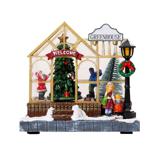 1Pcs Christmas Greenhouse Snow House Village with LED Light and Music - Animated Rotating Tree Figurines Statue Battery Operated for Home, Shop, and Tabletop Holiday Display