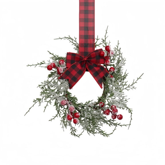 1Pcs Christmas Mini Wreath for Cabinet with Snowy Cedar & Plaid Ribbon, Small Artificial Hanging Wreath with Red Berry for Kitchen, Windows, Doors, Farmhouse Holiday Decor 11.8 Inch Green