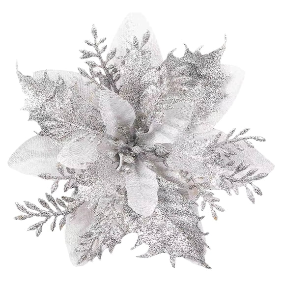 1Pcs Christmas Poinsettia Artificial Flowers and Glitter Berries Kit, 1 Styles 9 Colors to choose Christmas Tree Flowers Ornaments, 1Pcs Christmas Tree Picks for Wedding Holiday Decorations,Silver