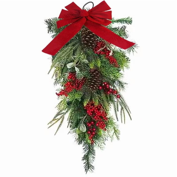 1Pcs Christmas Teardrop Swag Mistletoe Artificial Mailbox Swag, Decorative Pine Cedar Holly Berry Hanging Wreath for Cabinet Door Wall Outdoor Holiday Decor 26.8 Inch Green