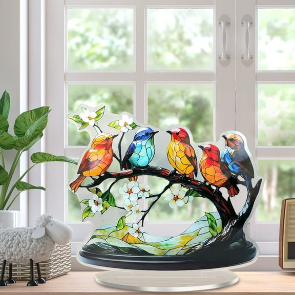 Stained Glass Birds On Branch Desktop Ornaments, Acrylic Colorful Birds Flowers Tabletop Decorations, Summer Spring Hummingbird Craft Statue Bird Figurines Sculpture for Home Decor