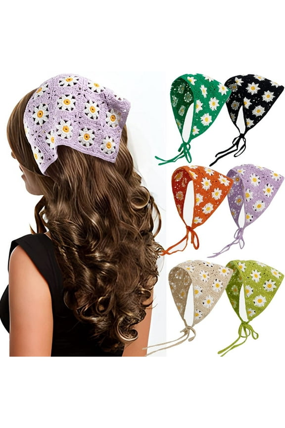 1Pcs Crochet Bandana Head Kerchief Knitted Hair Scarf Boho Vintage Headbands Triangle Hair Tie Handmade Floral Hair Headwrap