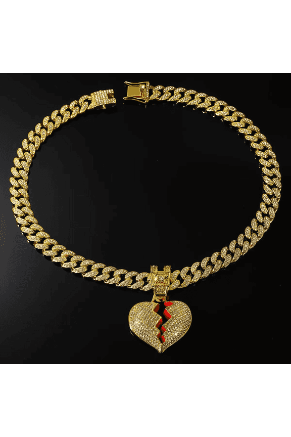 1Pcs Cuban Link Rhinestone Broken Heart Pendant Necklace - Hip - Hop Rapper Jewelry