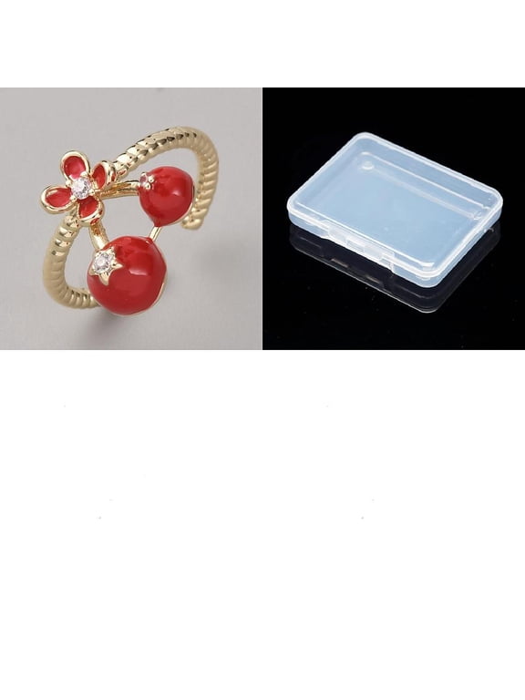 1Pcs Cubic Zirconia Open Rings Red Enamel Cherry Chain Ring for Women Birthday Festival Elegant Gifts Red 14.5x13mm