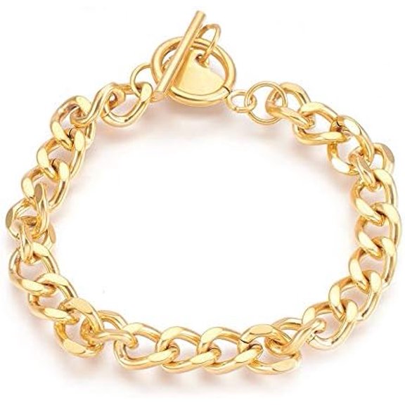 1Pcs Curb Chain Bracelets Stainless Steel Link Bracelet with Ot Toggle Clasps and Heart Shape Charm Bracelets For Women Men Bracelet Chains(Golden) DIY