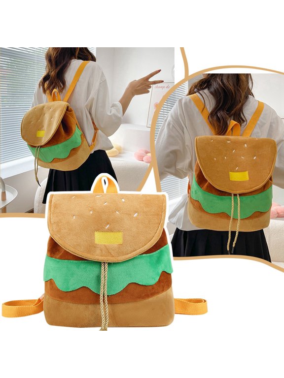 1Pcs Cute Hamburger Backpack Purse Fun Cartoon Design with for Books and Essentials Large Capacity Campus Backpack Female Drawstring Adjustable