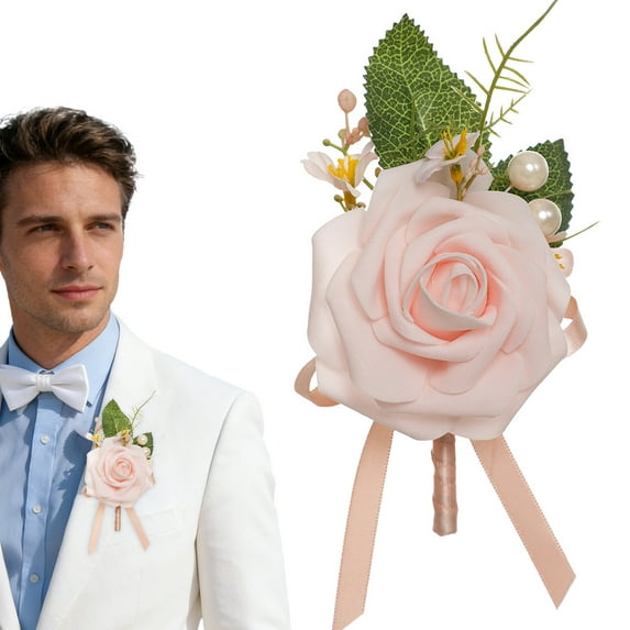 1Pcs Dainty Boutonniere Satin Rose Flower Brooch Lapel Pins for Men Women Wedding Groom Groomsmen Bride Bridesmaid Artificial Flowers for Prom Homecoming Party Gift, Light Pink