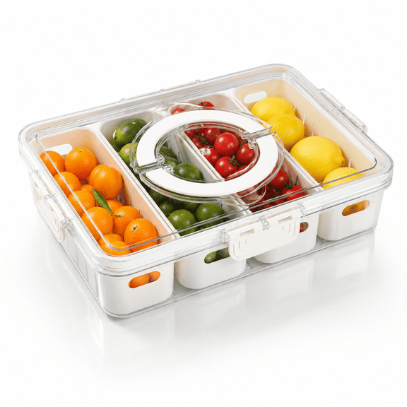 1Pcs Divided Serving Tray with Lid and Handle - Portable Snackle Box Charcuterie Container,Clear Snack Platter Organizer for Fruits,Candy,Nuts,Entertaining,Party,Picnic,4 Compartments
