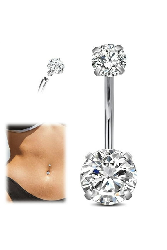 1Pcs Double Head Navel Ring,G23 Solid Titanium Belly Button Rings,Cubic Zirconia Navel Barbell Stud,Surgical Steel Hypoallergenic Eyebrow Stud,Body Piercing Jewelry for Men Women 14mm