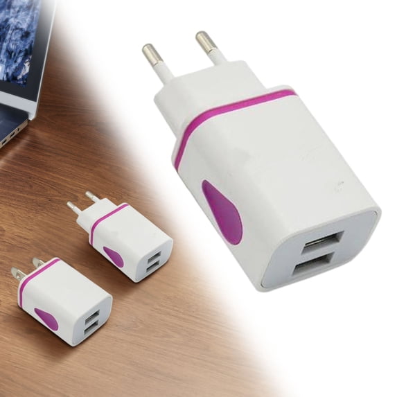 1Pcs EU Plug Dual USB Wall Charger with LED Light, 5V 2.1A Fast Charging Block, Portable Travel Power Adapter for Phones, Tablets (Purple, 7.3*2.3*3.5cm/2.87*0.9*1.37in)