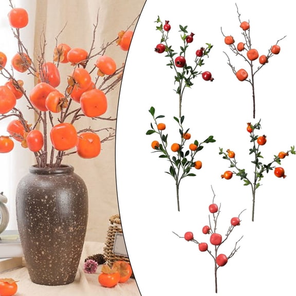 1Pcs Fake Flowers Simulation Persimmon Pomegranate Autumn Fruit Branch Decor Red Pomegranate Smile Home