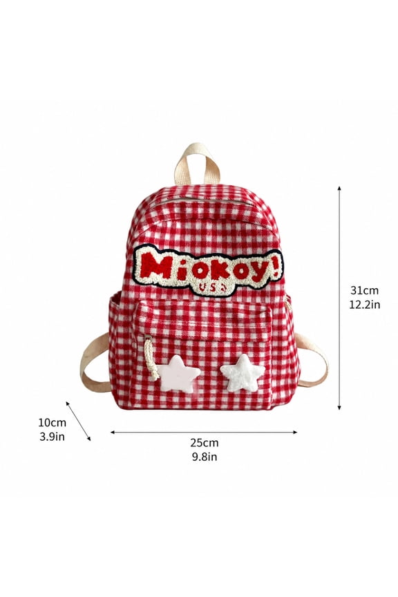 1Pcs Fashionable Red Backpack with Gingham Print and Star Accents, Compact Yet Spacious Foldable Travel Bag, Essential Casual Rucksack for Students and Explorers