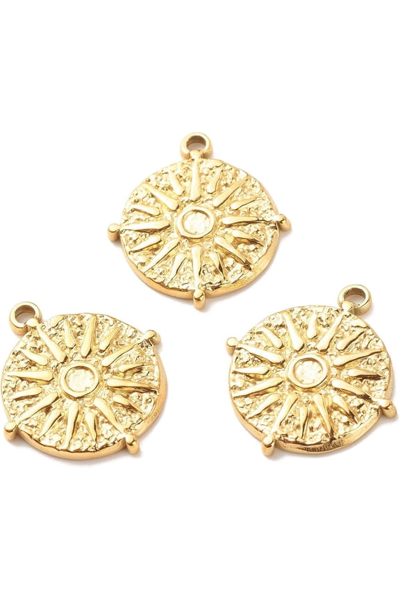 1Pcs Flat Round Pendant with Sun 201 Stainless Steel Pendants Textured Golden for Women Birthday Festival Elegant Gifts Personalized Jewelry 22x19x2mm Hole: 1.8mm Golden