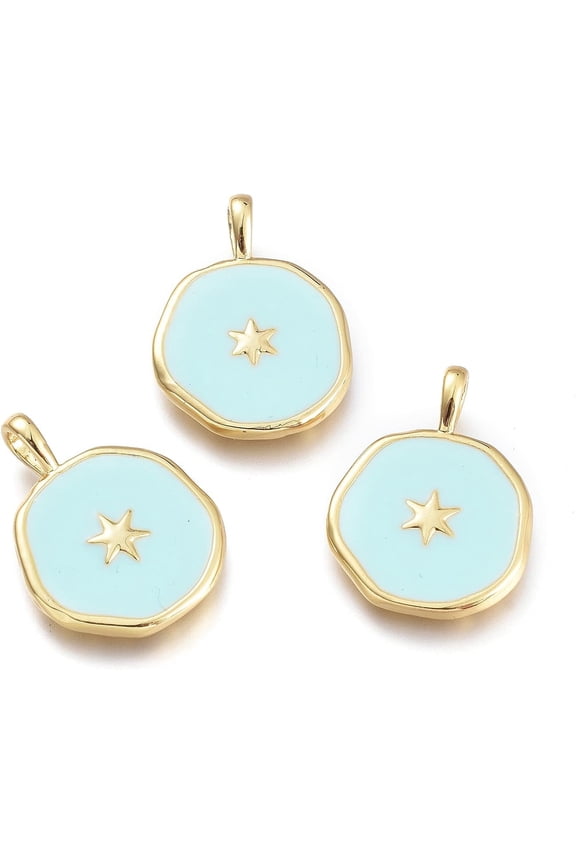 1Pcs Flat Round with Star Pattern Charms Brass Enamel Pendants Jewelry Findings for DIY