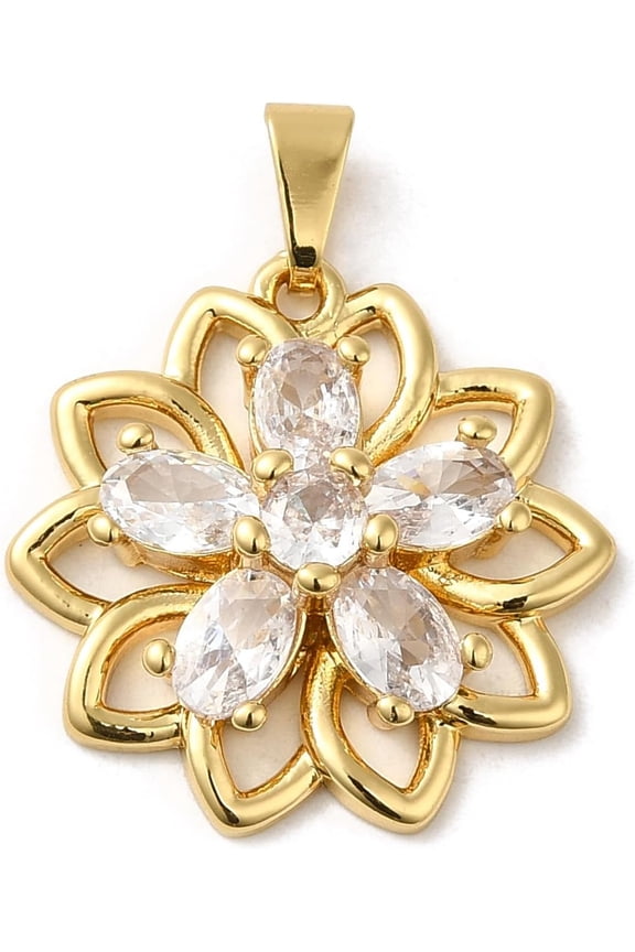 1Pcs Flower Pendants Rack Plating Brass Micro Pave Cubic Zirconia Pendants Real 18K Gold Plated for Women DIY Necklace Bracelet Earring Jewelry Craft Making Clear 23x22.5x5.5mm Hole: 3x6mm Clear
