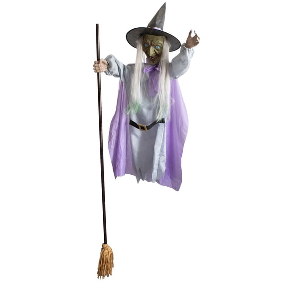 1Pcs Flying Witch Halloween Decorations Outdoor Animatronics, Hovering Witch on Broom with Light-Up Eyes & Scary Sounds, Floating Prop for Haunted House, Front Porch, Yard 118 Inch Purple