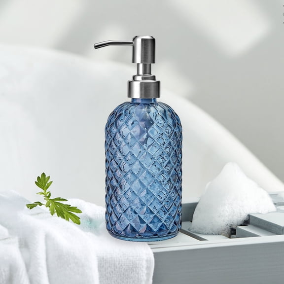 1Pcs Foaming Hand Soap Dispenser, Refillable Clear Glass Pump Bottles for Liquid or Lotion, Modern Foam Dispenser for Bathroom, Kitchen, Commercial 7.48x2.76x2.76 Inch(Blue)