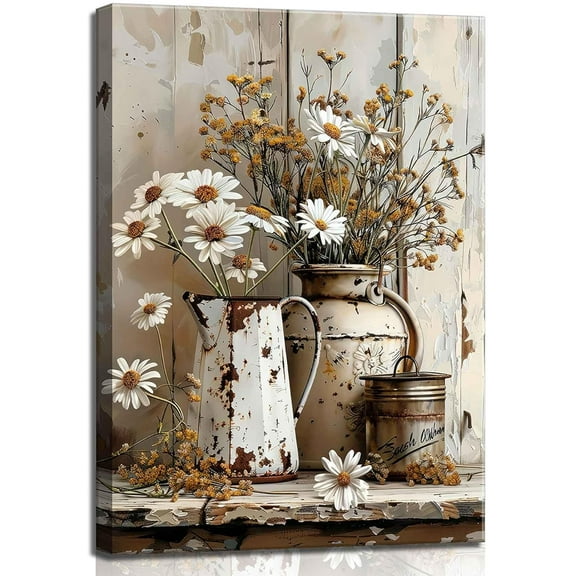1Pcs Framed Rustic Farmhouse Floral Daisy Canvas Wall Art Vintage Country Flower Pictures Wall Decor Wood Grain Paintings Posters Prints Bathroom Bedroom LivingRoom Rustic Decor Artwork