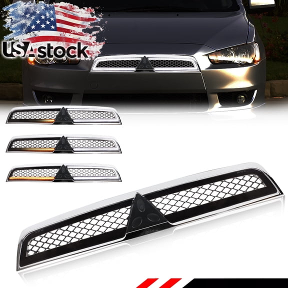 1Pcs Front Bumper Chrome Shell Black Insert Grill Hood Mesh ABS Plastic Turn Signal Light DRL Daytime Running Light With Amber/White LED For 2008 2009 2010 2011 2012 2013 2014 2015 Mitsubishi Lancer