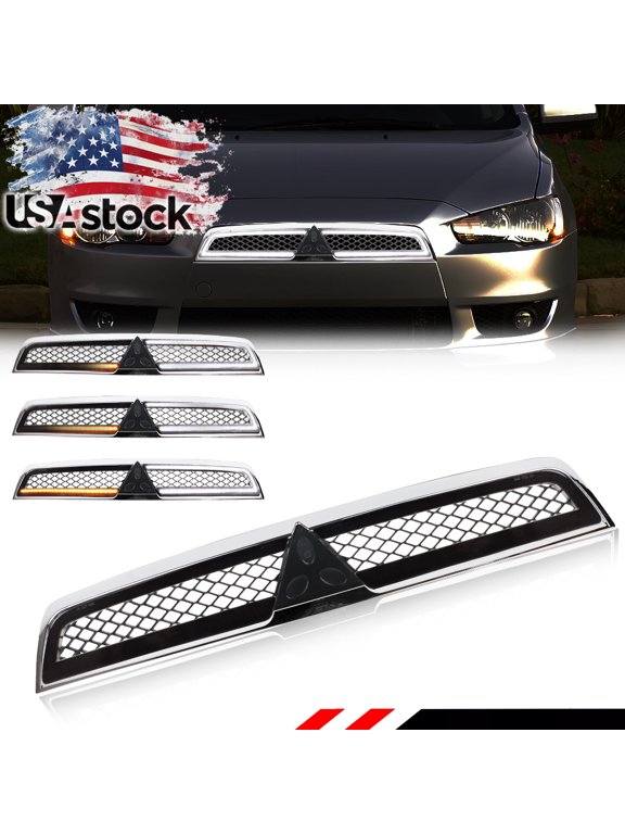 1Pcs Front Bumper Chrome Shell Black Insert Grill Hood Mesh ABS Plastic Turn Signal Light DRL Daytime Running Light With Amber/White LED For 2008 2009 2010 2011 2012 2013 2014 2015 Mitsubishi Lancer