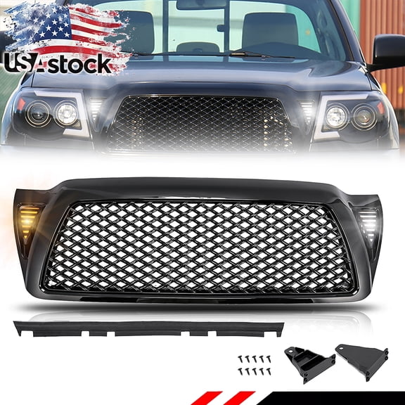 1Pcs Front Bumper Gloss Black Dragon Style Mesh Shell Black Insert Grill Hood Turn Signal Light DRL Daytime Running Light With Amber/White LED For 2005 2006 2007 2008 2009 2010 2011 Toyota Tacoma