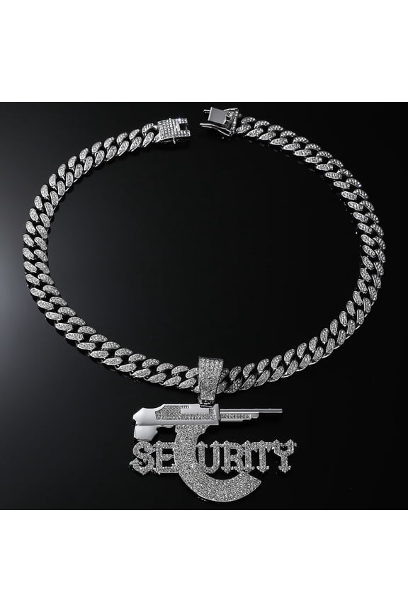 1Pcs pendant studded with diamonds and engraved with the word "SECURITY", accompanied by a Cuban-style chain.