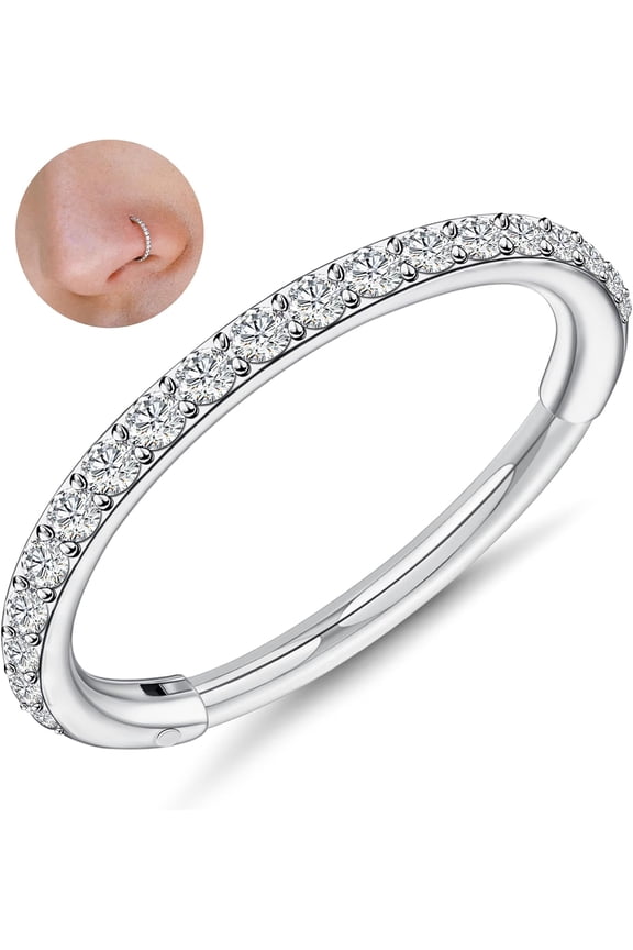 1Pcs G23 Titanium Nose Rings Hoops Hypoallergenic Conch Piercing Jewelry 16G 18G 20G Hinged Segment CZ Paved Clicker Rings for Septum Cartilage Daith Helix Rook Tragus Ear Lobe Earrings for Women Men