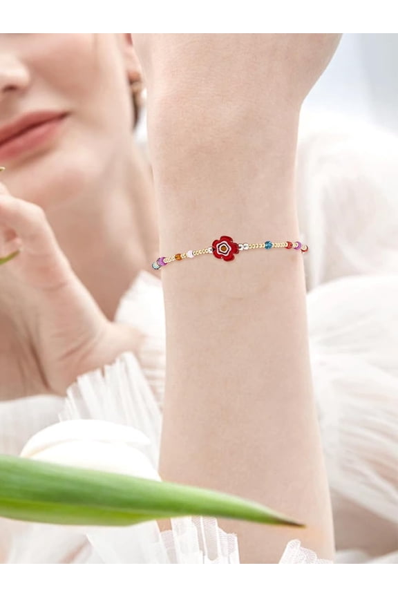 1Pcs Glass Flower Decor String Bracelet String Rope Jewelry for Women Inner Diameter: 2-3/8 inch(6cm) Green