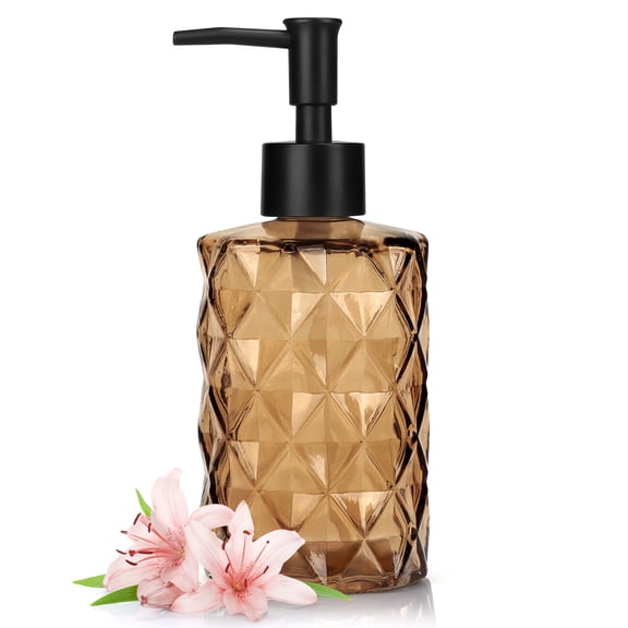 1Pcs Glass Soap Dispenser Diamond Design,330ml Multifunctional Soap Dispenser, 11 OZ Refillable Soap Dispenser Container for Bathroom Kitchen,Brown