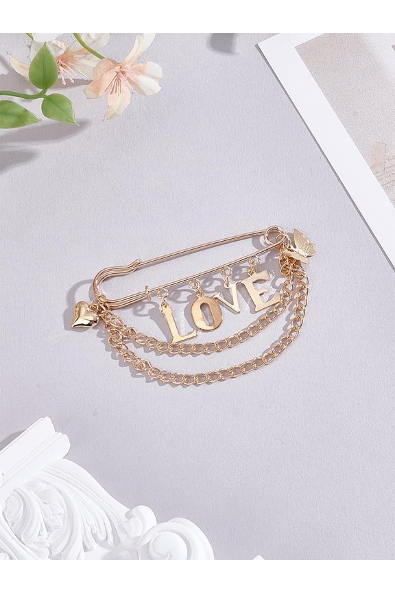 1Pcs Golden Alloy Hanging Chain Brooches Brooches with Word Love Butterfly Pendants Golden Brooches Laple Pins for Clothing Dress Coat Decoration Valentine's Day Elegant Gifts