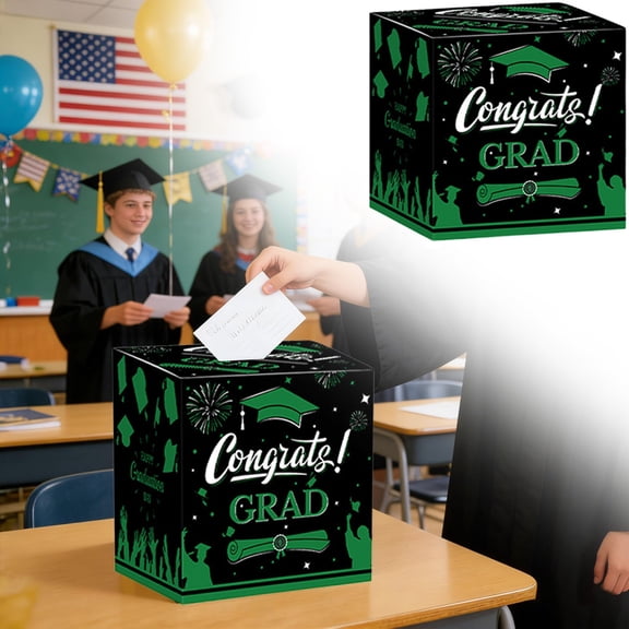 1Pcs Graduation Card Box 2026 - Congrats Grad Card Boxes Holder, Green & Black Class of 2026 Gift Cards Box for Graduation Decorations 2026 Favors Party Decor Supplies Props, 9*9*9inches