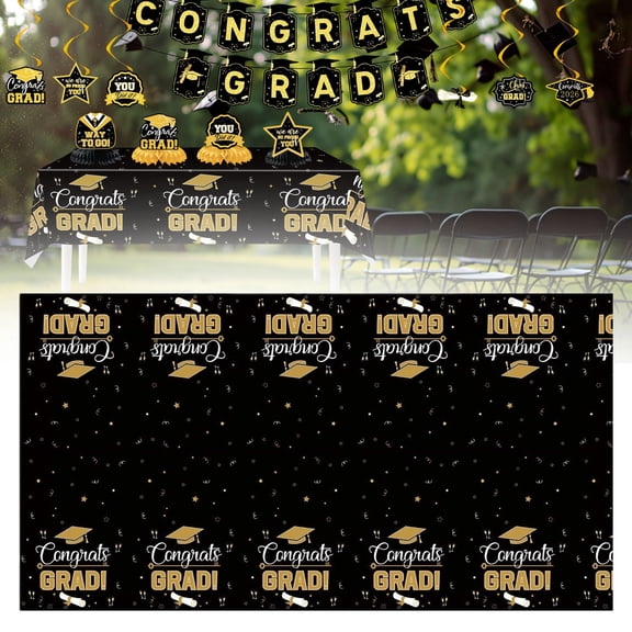 1Pcs Graduation Table Cover 54x108 Inches, Black Gold Party Tablecloth for Food Table, Gift Table, Graduation Decor