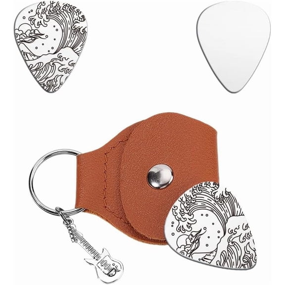 1Pcs Guitar Pick Gifts Stainless Steel Guitar Picks Waves Picks Personalized Ukiyo-E Line Painting Plectrum with Pu Leather Case
