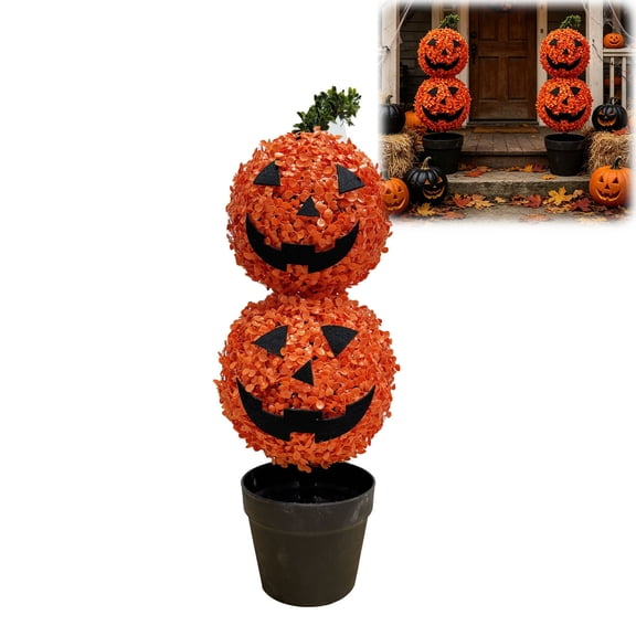 1Pcs Halloween Artificial Pumpkin Topiary Tree, UV-Resistant Faux Boxwood Plant with Spooky Pumpkin Accents, Autumn Front Door Yard Patio Lawn Garden Display – Seasonal Home Decor 25.6 Inch