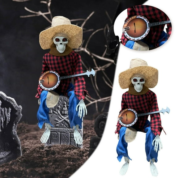 1Pcs Halloween Banjo Playing Skeletons, Funny Animated Dueling Banjo Skeletons Country Cowboy Skeleton Musicians with Movable Joints for Prop Decor halloween decorations (15.75 In ,Red)