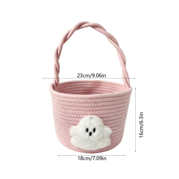 1Pcs Halloween Basket with Handle, Boho Cotton Rope Woven Candy Bucket Bag, Cute Ghost Basket for Halloween Party Favor, Gift Storage (Pink)